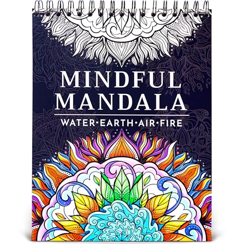 Mandala Coloring Book for Women, 50 Unique Spiral-Bound Relaxing Designs | Coloring Books for Adults Relaxation, Mindful Mandalas & Mandala Patterns for Women, Single-Sided 180gsm Thick Paper - color: Mindful Mandala - Elements