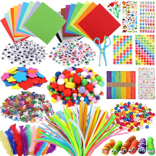 DOITEM Pipe Cleaners Craft Supplies, 1500+Pcs Arts and Crafts Supplies Including Pipe Cleaner Wiggle Googly Eyes Pom Poms Feathers Sticks Sequins Foam Flowers Papers Felt Stickers - color: 1500+