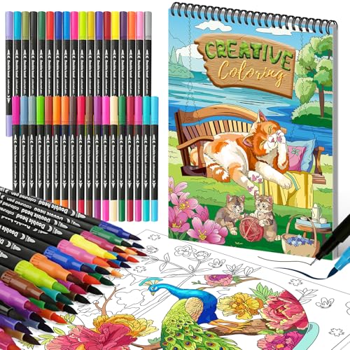 Kalysky Adult Coloring Book and 36 Markers Set, Spiral, Relaxation Gift - color: Coloring Book with Markers