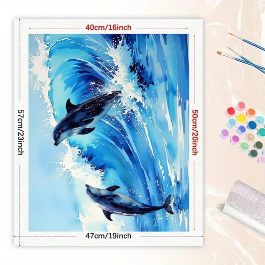 Marine Life Paint by Numbers Kit for Adults - DIY Dolphins Surfing Ocean Waves Painting on Canvas 16x20 Inches, Acrylic Paint Set, Suitable for Beginners, Sea Art for Home Decoration or Gifts - color: TCXY05591, size: 16X20IN Folded