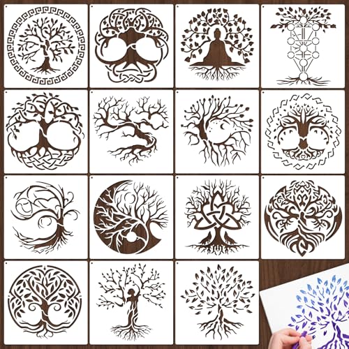 15Pcs 6 x 6 Inch Tree of Life Stencil, Reusable Stencils for Painting on Wood Decoration Painting Templates for Wall Floor DIY Decorations Christmas Gifts for Kids - style: Tree of Life