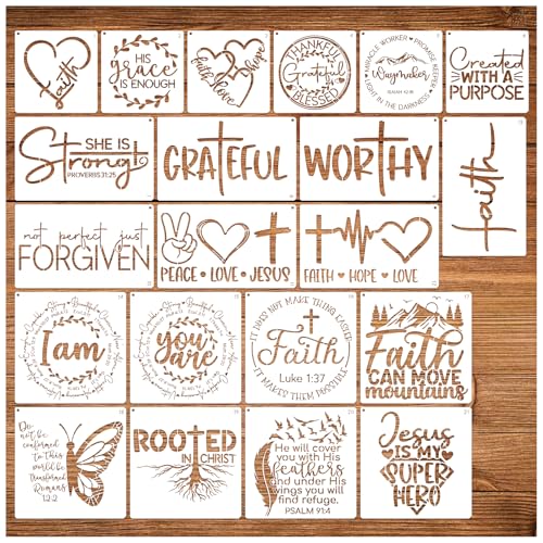21pcs Christian Stencils for Crafts Reusable Motivational Bible Verse Template Drawing Religious Stencils for Painting on Wood Sign Fabric Canvas DIY Crafts Office Home Decoration(bible21)