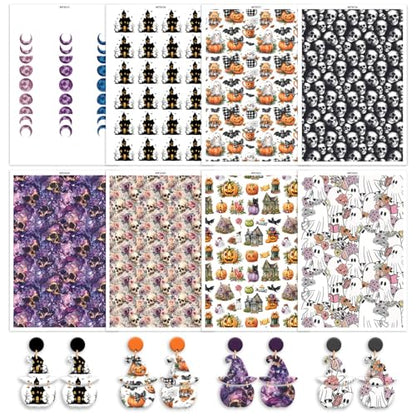 8 Pcs Halloween Transfer Paper for Polymer Clay, Skull Pumpkin Ghost Moon Spiders Pattern Water Transfer Sheet for Polymer Clay, Water Soluble Transfer Sheet for Earrings Jewelry Making 5.8X3.9 in - color: 8 PCS Halloween
