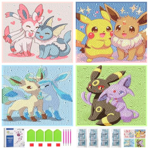 LWZAYS 4 Pack 5D Anime Diamond Painting Kits for Kids, Gem Crafts for Kids | DIY Crafts Diamond Art Kit for Kids,Full Round Drill Big Gem Art for Kid,Home Wall Decoration 6X6 inch - color: Colorful gems-3