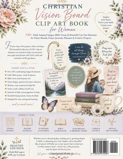 Christian Vision Board Clip Art Book for Women: 530+ Faith-Inspired Images, Bible Verses, & Cut-Out Elements for Prayer Journals, Planners, Scrapbooks, & Christian Crafts