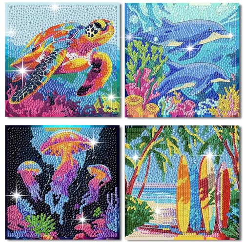 Gemozaic 4-Pack Diamond Art Painting Kits for Kids Ages 8-12, Sea Animals | Gem Art for Kids, Ocean Themed - Sea Turtle, Jellyfish, Dolphin, Surfboard Arts and Crafts for Gift Home Wall Decor, 7x7 IN - color: 4DXZ116