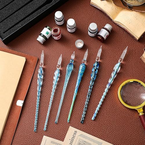 Zonon 14 Pcs Glass Dip Pen Ink Set for Art Supplies, Blue Color Style | 6 Crystal Dip Pen with 6 Colorful Ink 2 Holder, Crystal Signature Calligraphy Pen, Art Writing Supplies, Artists Teacher Gift - color: Blue Color System