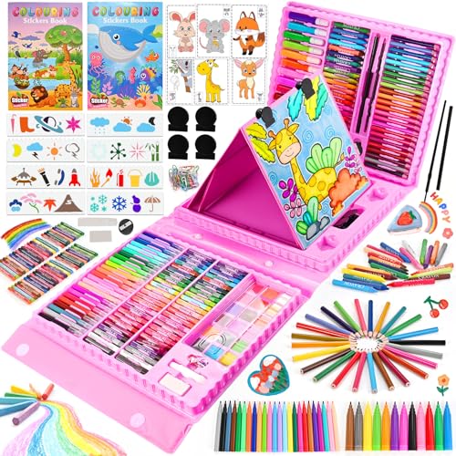 Goldge Kids Art Set, Art Supplies for Kids with Double-Sided Easel | 230 PCS+ Coloring Kit for Kids with Crayons, Colored Pencils, Markers, Watercolor Paints, Drawing Kit Gifts for Girls Boys - color: PINK