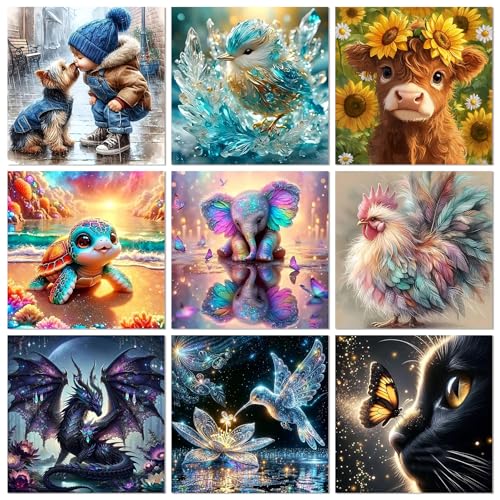 9 Pack Diamond Art Kits for Adults, Animals Diamond Painting Kits 12x12inch | Cute Animals Diamond Art Painting Kits for Adults Beginners, DIY Round Full Drill Gem Art Diamonds Dots Crafts Kit Home Decor - color: 9 Pack Animals, size: 11.8x11.8in(30x30cm)