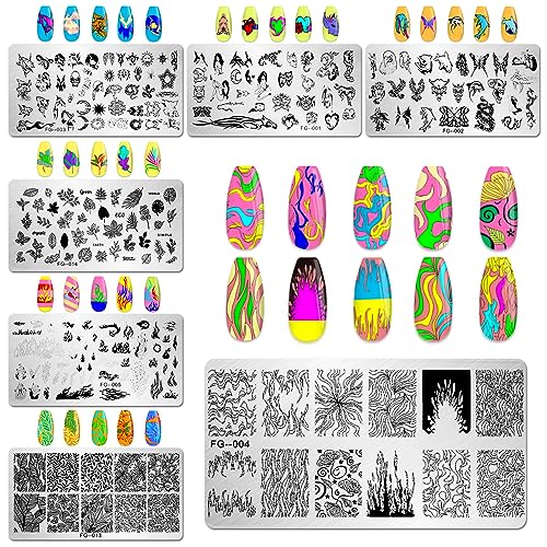 AddFavor Nail Stamper Kit 7pcs Nail Stamping Plates Flower Animal Flame Leaves Image Nail Stencils with 2 Stamp and 2 Scraper for Home Salon Manicure Design Supplies Tools - color: Style E