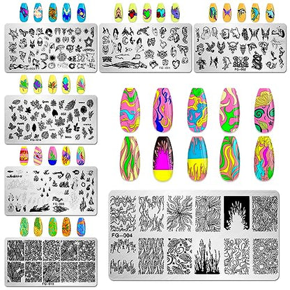 AddFavor Nail Stamper Kit 7pcs Nail Stamping Plates Flower Animal Flame Leaves Image Nail Stencils with 2 Stamp and 2 Scraper for Home Salon Manicure Design Supplies Tools - color: Style E