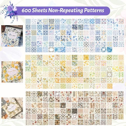 600 Sheets Vintage Floral Scrapbook Paper, 3x3 Inch Journaling Craft Paper
