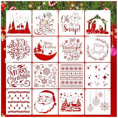 16 Pcs Christmas Stencils Reusable Winter Holiday Template Christmas Stencil for Painting on Wood DIY Crafts Canvas Window Fabric Doormat (16 Christmas 6in) - style: 16 Christmas