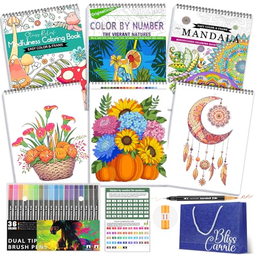 3Pcs Mindfulness Adult Coloring Books Set for Women with 36 Colors Markers - style: Mindfulness & Nature & Mandala