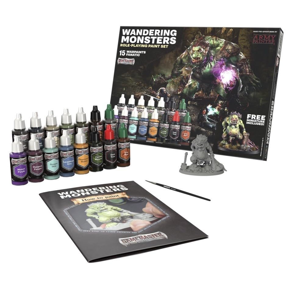 The Army Painter, GameMaster: Wandering Monsters Role-playing Paint Set, 15x18 ml Fanatic Acrylic Paints, incl. Metallics, Wash, Primer, 1 Brush & 1 Free Miniature - For Warhammer & Dnd | Warpaints Fanatic Acrylic Paints, incl. Metallics, Wash, Primer, 1
