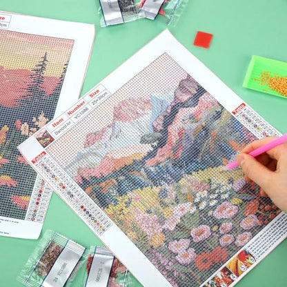 Yeaqee 4 Pcs Diamond Art Kits for Adults Gem Painting Kit DIY Jewel Diamond Art for Beginners Aesthetic Room Crafts Cute Flower Mountain Painting Pictures 5d Craft Wall Decor for Home 10 x 11.8'' - style: Flower Mountain