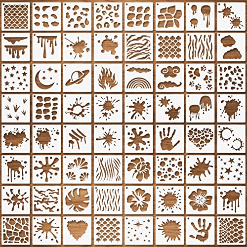 64 Pcs Stain and Splatter Stencils, Graffiti Drip Stars & Shoe Stencils - Reusable Plastic Templates for Painting on Wood, Pillows, Wall Paper, Fabric - Halloween, Cosplay, Party - 3"x3"
