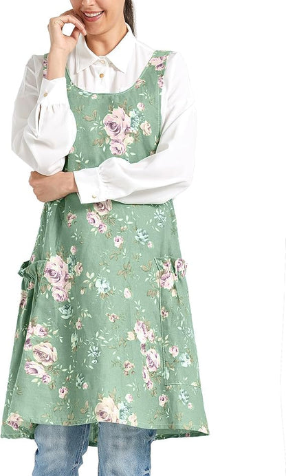 Cozy Adjustable Cross Back Aprons for Women with Pockets Cotton Linen Cooking Kitchen Baking - color: Rose Flowers