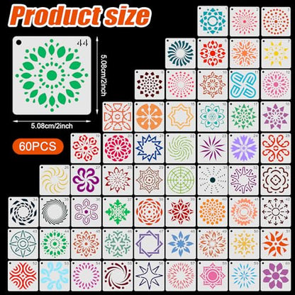 BOXOB 60pcs Mandala Stencils, 2x2 Inch Reusable Mandala Stencils | for Painting, Drawing, Crafts, Art Projects - style: A