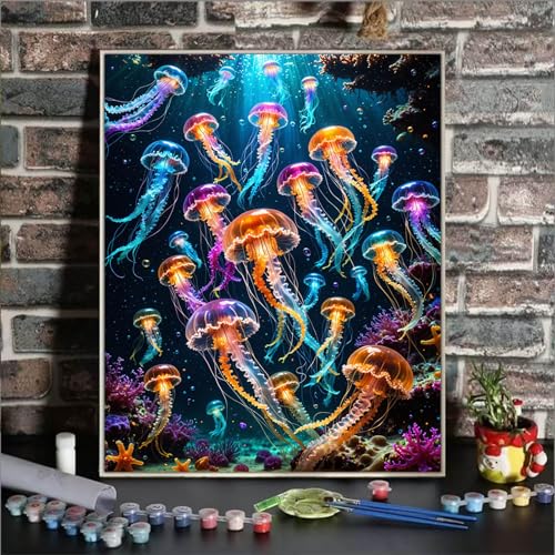 Paint By Numbers Kit For Adults Beginner, Colourful Jellyfish Adult Paint By Number Kits On Canvas Ocean Animal Adults' Paint-By-Number Kits Diy Oil Painting Kits For Gift Home Wall Decor 16x20 Inch - color: DD039