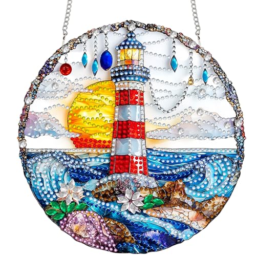 SKRYUIE Lighthouse Hanging Pearl Diamond Art Kits for Adults Suncatcher A3 | Special Shaped Crystal DIY Hanging Diamond Painting Kit, Gift for Mother Spring Summer Window Wreath Decor 7.87 x 7.87 Inch - color: colorful-3