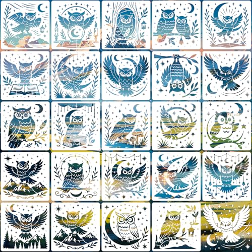 Owl Stencils for Crafts Reusable 24Pcs Stencils(5.9X5.9 Inch) | DIY Art Painting Stencil Furniture Decor Kit for Wood Embroidery Wall Silk Screen Journaling - color: Owl