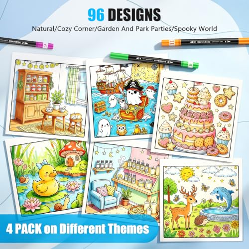 100 Colors Dual Brush Markers Pens with 4 Spiral Bound Adult Coloring Books