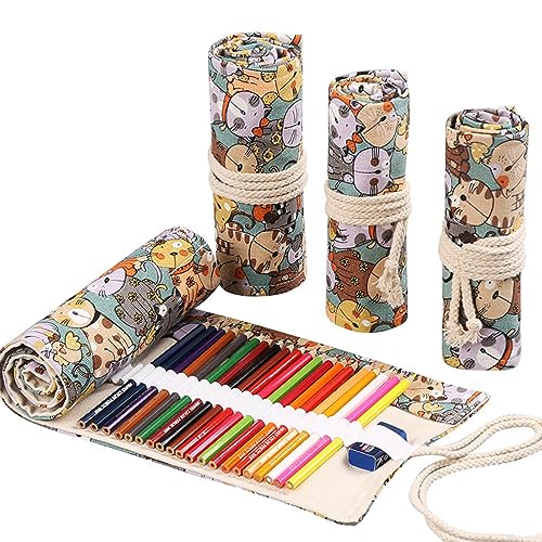 DIYOMR 24/36/72 Slots Pencil Wrap Pencil Rolls, Artist Colored Pencils Roll Up Bag Short Brushes Pouch Case Pencils Organizer for Drawing Coloring and Sketching, NO PENCILS (Cuddly Cat, 36slots) - color: Cuddly Cat, size: 36slots