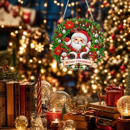 Eiflow Acrylic Christmas Diamond Art Hanging Kit for Adults Santa Claus, DIY Diamonds Painting Door Hanger Ornament Kit Wreath Crystal Diamond Art Painting Wall Window Hanging Pendant - color: Santa Claus