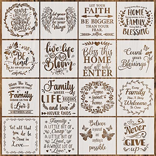 16 Pieces Inspirational Word Stencils Kit Large Motivational Stencil Reusable Phrase Word Template Family Sign Stencils for Painting on Wood, Porch, Front Door, Home Decor(11.8x11.8Inch)