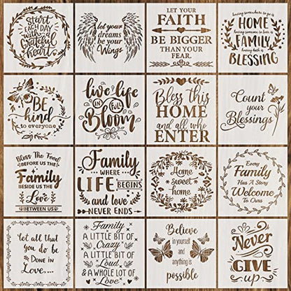 16 Pieces Inspirational Word Stencils Kit Large Motivational Stencil Reusable Phrase Word Template Family Sign Stencils for Painting on Wood, Porch, Front Door, Home Decor(11.8x11.8Inch)