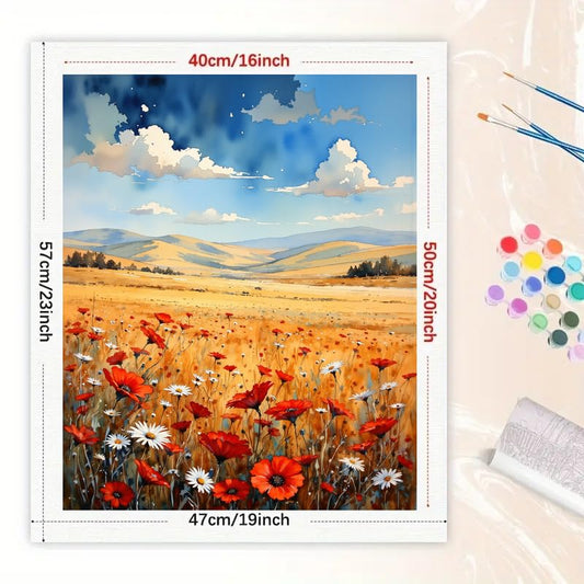 Hillside Poppies Paint by Numbers Kit for Adults - DIY Poppy Field Landscape Painting on Canvas 16x20 Inches, Acrylic Paint Set, Suitable for Beginners, Ideal for Home Decoration or Gifts - color: TCXY06074, size: 16X20IN Folded