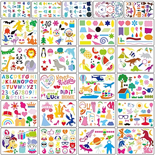 Stencil Drawing Kit for Kids, 25 Pcs Plastic Drawing Stencils with 400+ Shapes, Great Birthday Gift for Boy Girl