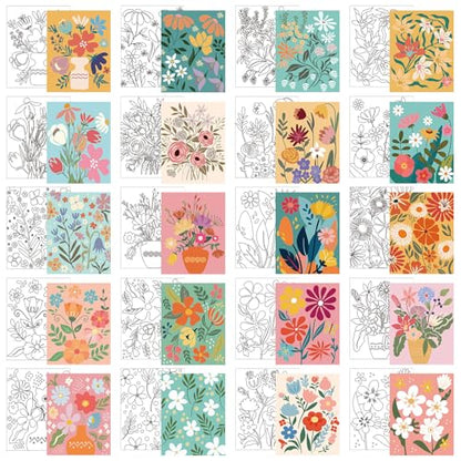 Sherr 20 Pcs Pre Drawn Canvas Floral Art for Painting for Adults | Bulk 8" x 10" Pre Stretched Outline Painting Boards Vibrant Botanical for Beginners Students, Party Favor - style: Floral