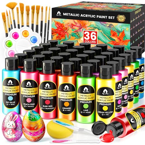 52 Pcs Metallic Acrylic Paint Set with 12 Brushes, 2 Knives & Palette, 36 Colors (2oz/60ml) - for Adults, Kids, Artists & Beginners - Canvas Ceramic Rock Wood Pumpkin Painting Kit - color: Metallic, size: 2 Fl Oz (Pack of 36)