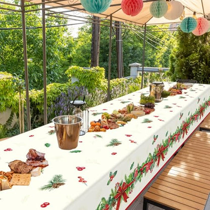 OBUSATT 3pcs Christmas Party Tablecloth Holly and Pine Cone Merry Christmas Holiday Table Cloth 108 x 54 Inch Rectangle Waterproof Xmas Holiday Table Cover Decorations for Christmas Party Supplies - style: Holly and Pine Cone