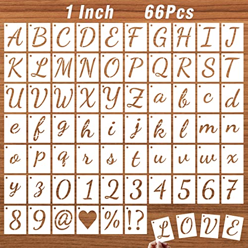 1 Inch Letter Stencils Kits, 66 Pcs Calligraphy Alphabet and Number Stencil for Painting on Wood, Reusable Plastic Art Craft Cursive Lettering Template Upper and Lower case - size: 1 Inch