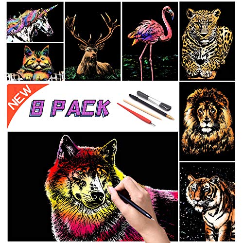 DESINIK Scratch Painting Art for Adults -Scratch Painting Foil Art for Adults, Scratchboard Set(A4) with 4 Tools & 8 Sheets, Animal Series Creative Set (Lion and Bird) - color: Lion and Bird