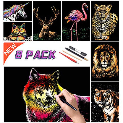 DESINIK Scratch Painting Art for Adults -Scratch Painting Foil Art for Adults, Scratchboard Set(A4) with 4 Tools & 8 Sheets, Animal Series Creative Set (Lion and Bird) - color: Lion and Bird