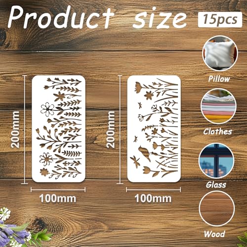 INFUNLY 15Pcs Wildflowers Wall Stencil for Painting 3.9×7.87" Reusable Floral Wall Stencils Butterfly Painting Stencil Small Flower Walls Template for Card Making Cement Wood Furniture Nursery Bedroom - style: 15PCS Wildflowers