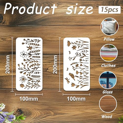 INFUNLY 15Pcs Wildflowers Wall Stencil for Painting 3.9×7.87" Reusable Floral Wall Stencils Butterfly Painting Stencil Small Flower Walls Template for Card Making Cement Wood Furniture Nursery Bedroom - style: 15PCS Wildflowers