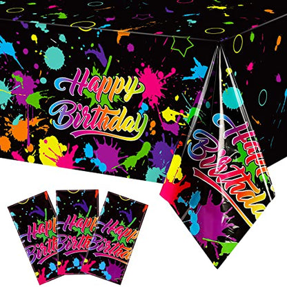 3 Pcs Glow in the Dark Tablecloth Disposable Plastic Neon Table Cloths Happy Birthday Glow Party Table Covers for Neon Black Light Birthday Party Paint Splatter Decorations Supplies, 54 x 108 Inch