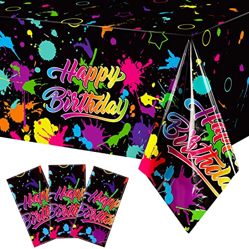 3 Pcs Glow in the Dark Tablecloth Disposable Plastic Neon Table Cloths Happy Birthday Glow Party Table Covers for Neon Black Light Birthday Party Paint Splatter Decorations Supplies, 54 x 108 Inch