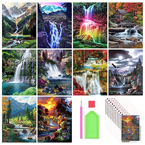 Stalente Diamond Painting Kits for Adults, 10 Pack 5D Diamond Art Kits for Beginners Round Full Drill Diamond Painting for Home Wall Decoration Gift 12×16inch, Landscape Waterfall - color: Waterfall