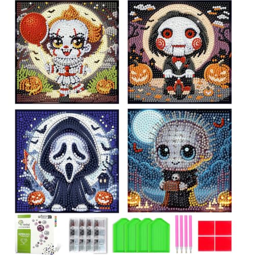 Tiwabb Horror Diamond Art Kit for Kids with Box,DIY Crafts for Girls Boy | 4 Pack Halloween Diamond Painting for Kids,5D Full Drill Gem Art for Kids,Gifts for 6-12 Year Old Girls Boy 7x7 Inch - color: 4 Pack Horror