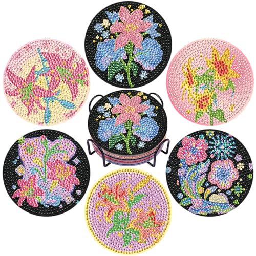 DOTSOPS 6 PCS Flowers Diamond Painting Coasters for Beginners with Holder - color: Eflowerc