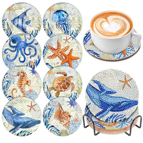8 Pcs Ocean Diamond Art Coasters Kits for Adults with Holder Cork Pads, DIY Diamond Art Dots Painting Coasters Kits for Adults Beginners, Ideal Gift - color: Sea Ocean Life