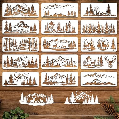 INFUNLY 15Pcs Forest Mountain Painting Stencil for Wall 4.7×11.8" Reusable Deer Wall Stencils Pine Tree Painting Template Small Walls Stencil Templates for Crafts Cement Wood Furniture Nursery Bedroom - style: 15PCS Forest Mountain