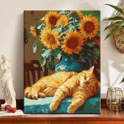 ZRIZQ Paint by Numbers Kit for Adults Beginner,Cat Sleeping Sunflower,12x16 | Full set with wooden brushes,rolled canvas,rich paints.Calming activity.Beginner friendly.Just open and paint. - color: 12"X16"Rolled Canvas(Frameless)-Sunflowers Cat