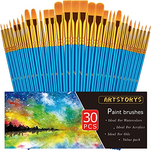 Artstorys Paint Brushes Set, 30 Pcs Acrylic Oil Watercolor Painting Brushes - color: Blue,nickel